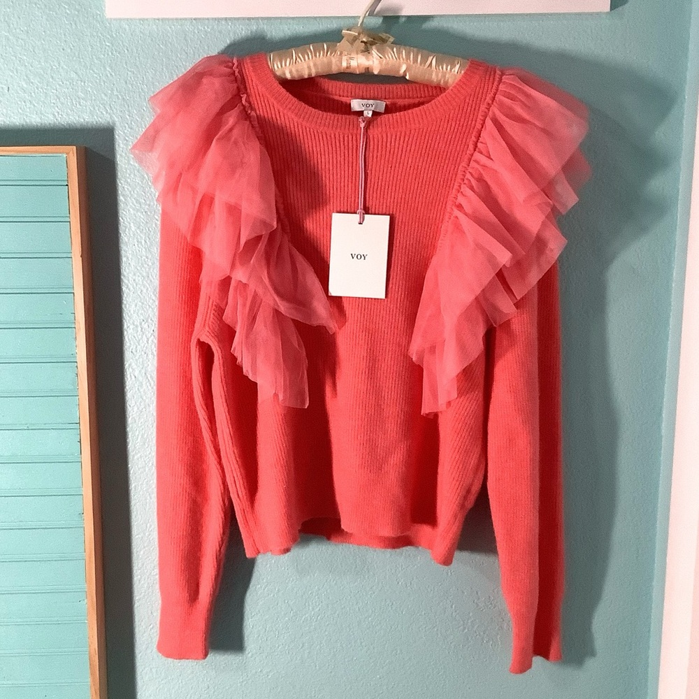 VOY “The Charlotte" Coral Layered Tulle Sweater Top